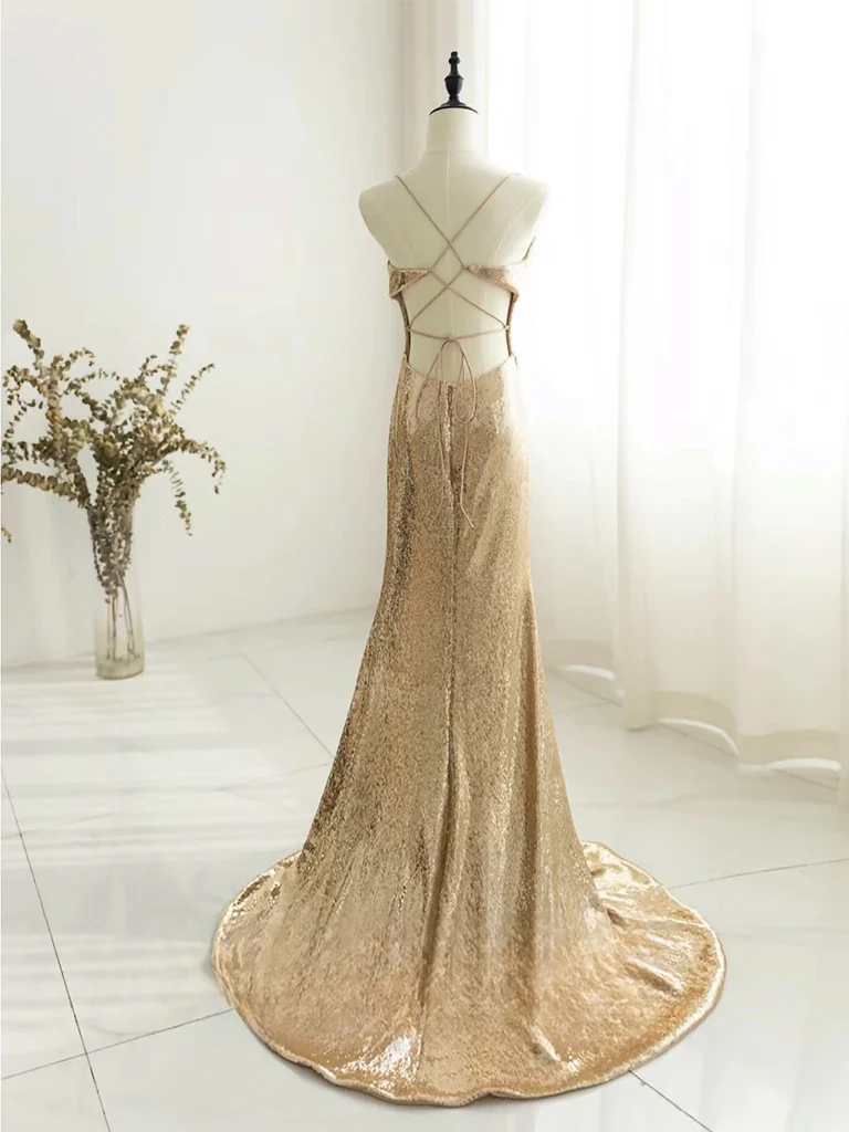 Champagne Backless Sequin Long Prom Dress, Sequin Champagne Long Evening Dress - Deanwangkt