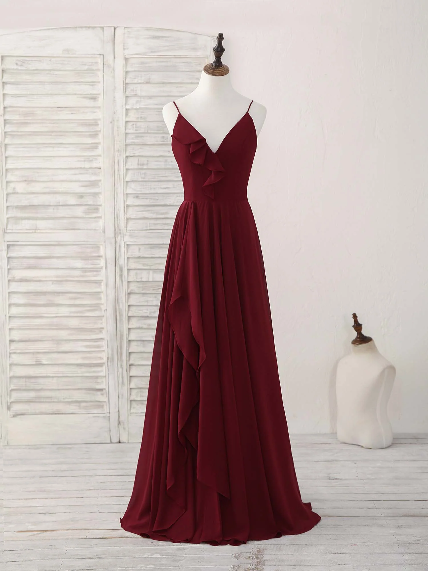 Simple Burgundy V Neck Chiffon Long Prom Dress, Bridesmaid Dress - Deanwangkt