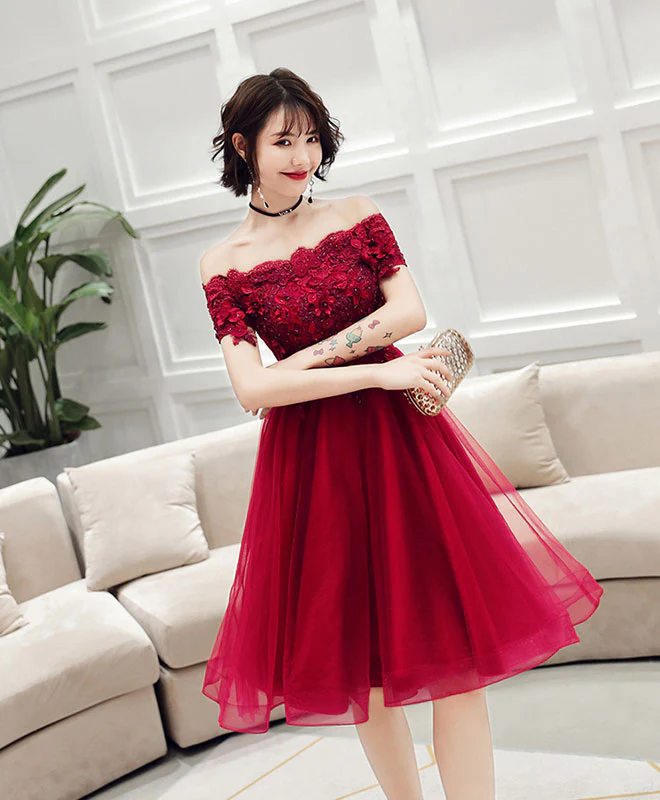 Burgundy Lace Off Shoulder Short Prom Dress, Burgundy Homecoming Dress - Deanwangkt