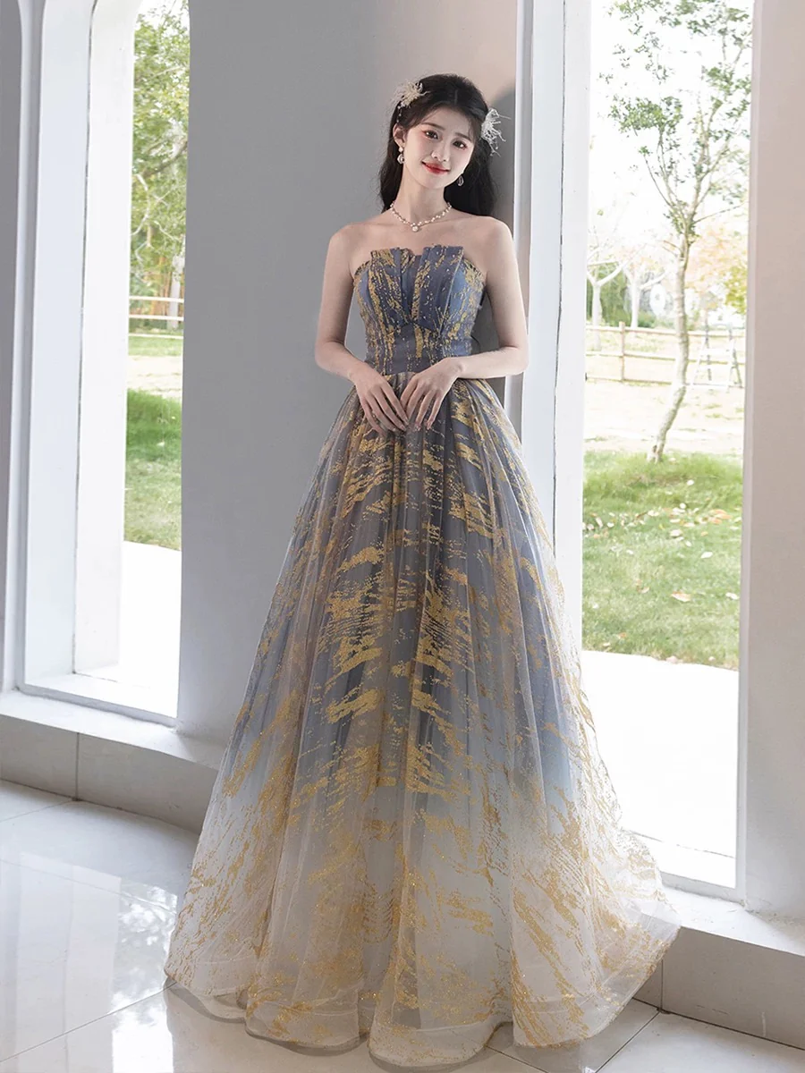 A-Line Tulle Gold/Blue Long Prom Dress, Blue Formal Evening Dress - Deanwangkt
