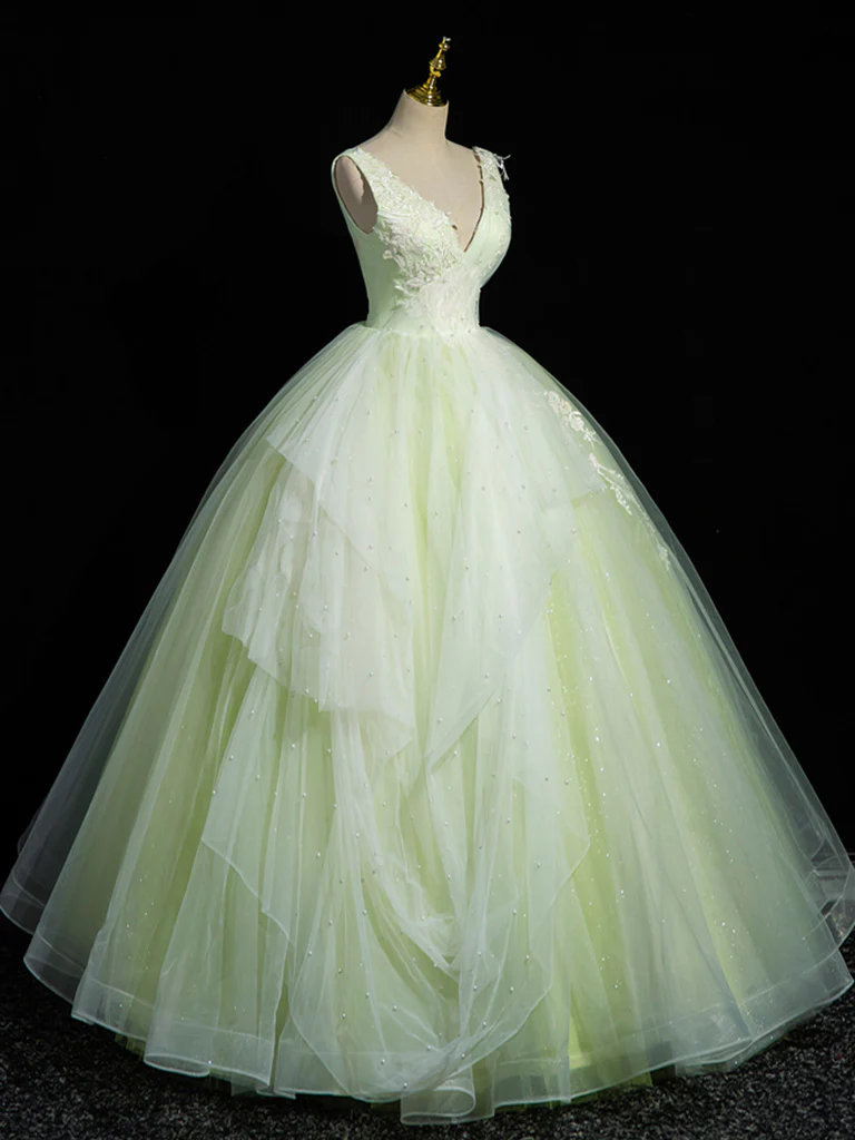 A-Line V Neck Lace Tulle Green Long Prom Dress, Green Sweet 16 Dress - Deanwangkt