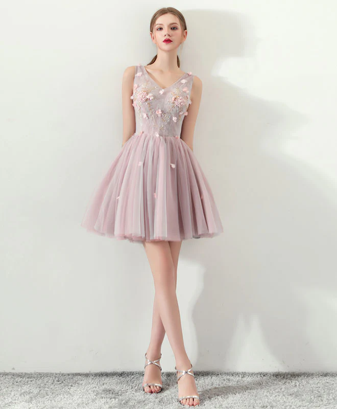 Cute V Neck Tulle Short Prom Dress, Pink Homecoming Dress - Deanwangkt