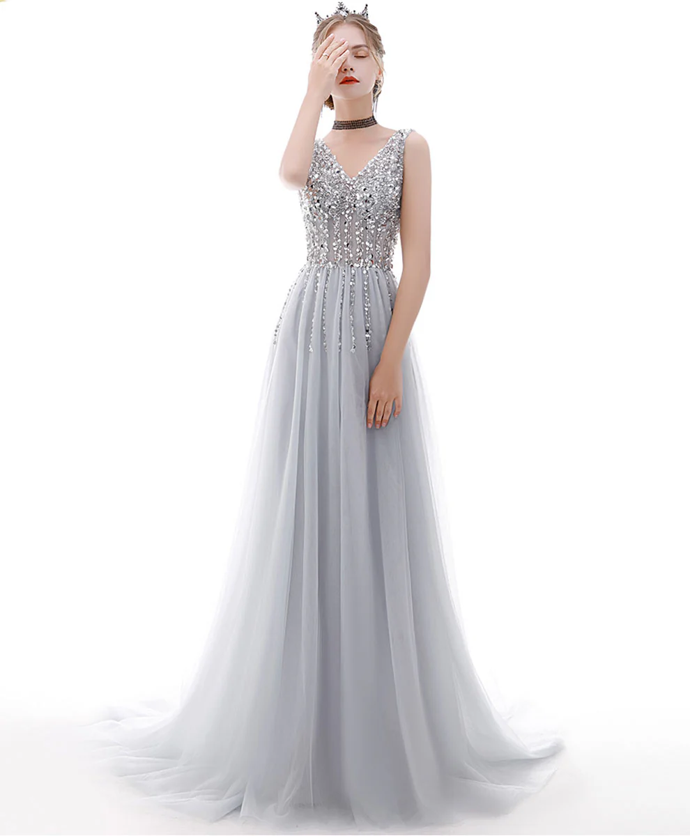 Gray V Neck Tulle Sequin Long Prom Dress Gray Tulle Formal Dress - Deanwangkt
