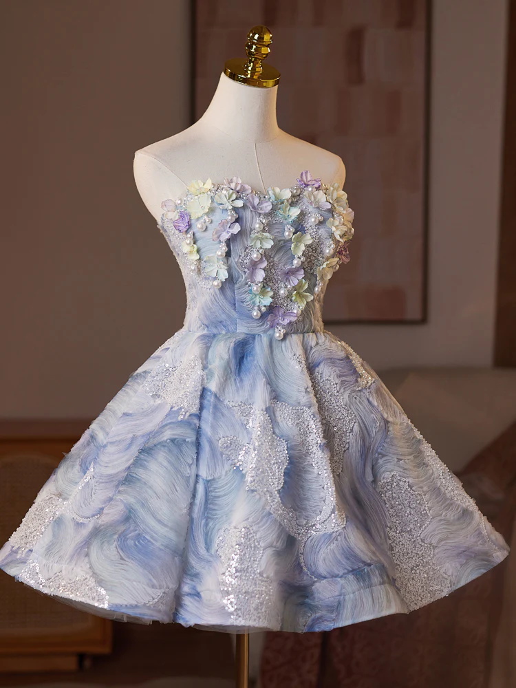 A-Line  Sweetheart Neck Flower Blue Short Prom Dress, Blue Homecoming Dress - Deanwangkt
