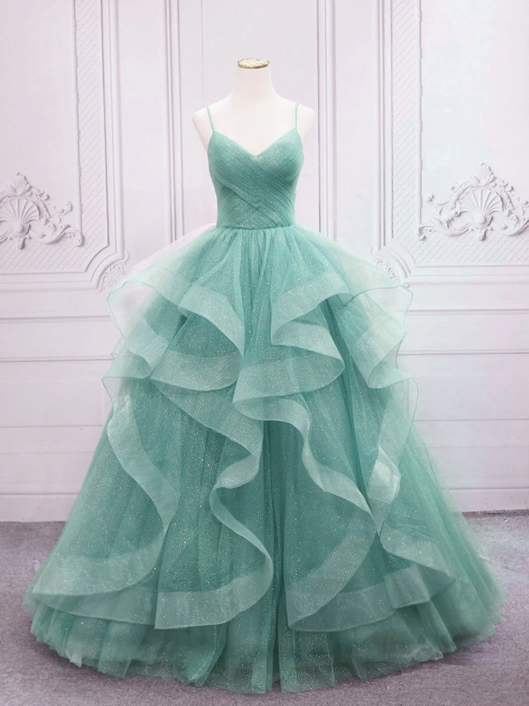 Green V Neck Tulle Long Prom Dress, Green Sweet 16 Dress - Deanwangkt