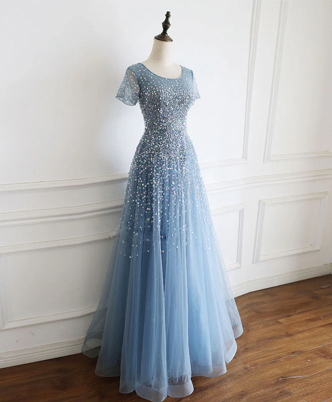 Blue Round Neck Tulle Sequin Beads Long Prom Dress Blue Tulle Formal Dress - Deanwangkt