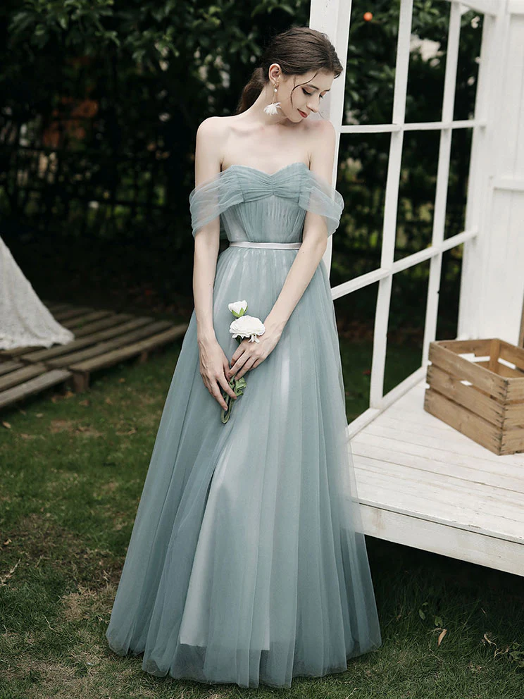 Simple A line Green Tulle Long Prom Dress, Green Tulle Bridesmaid Dresses - Deanwangkt