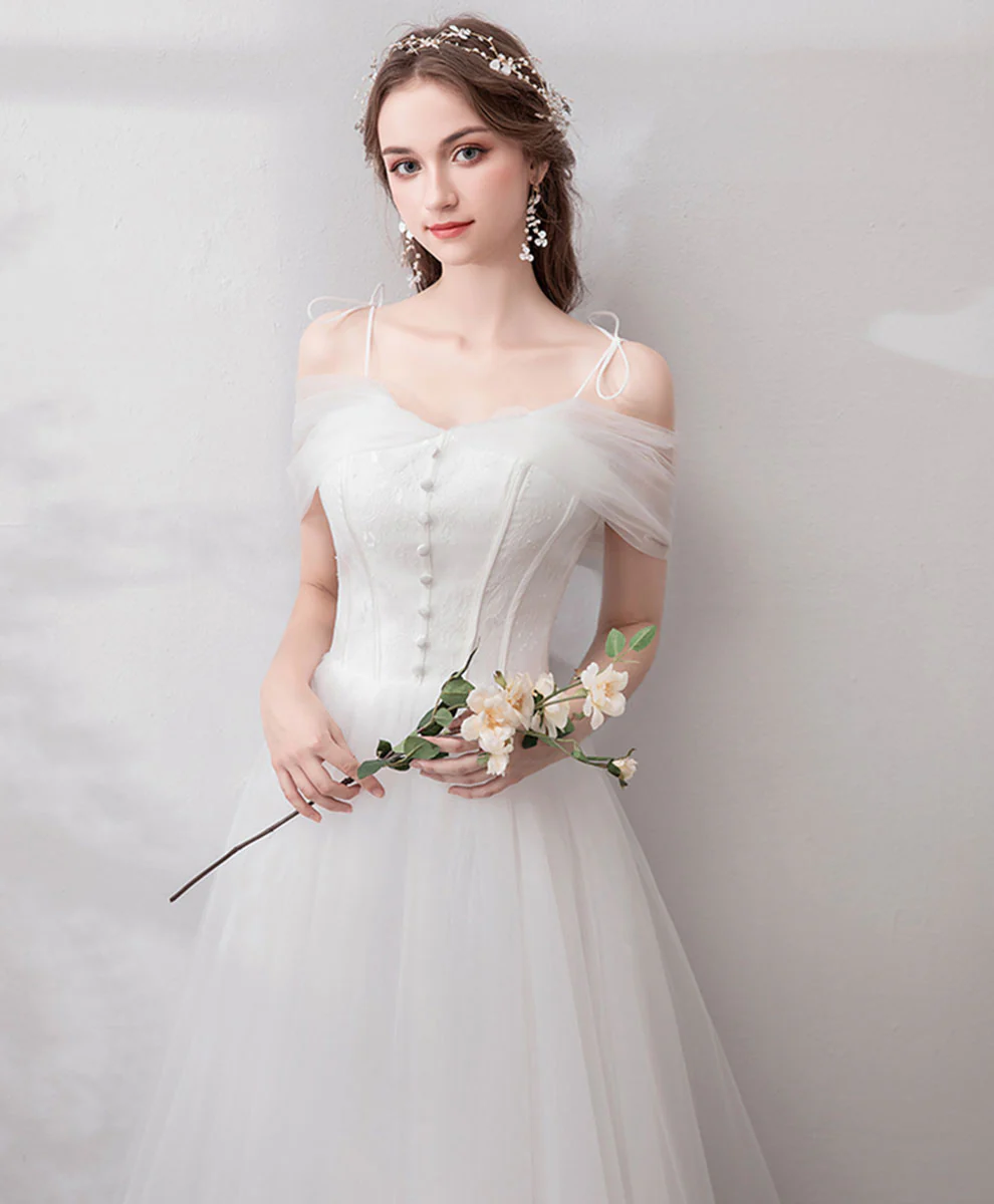 White Sweetheart Tulle Long Prom Dress White Formal Dress - Deanwangkt