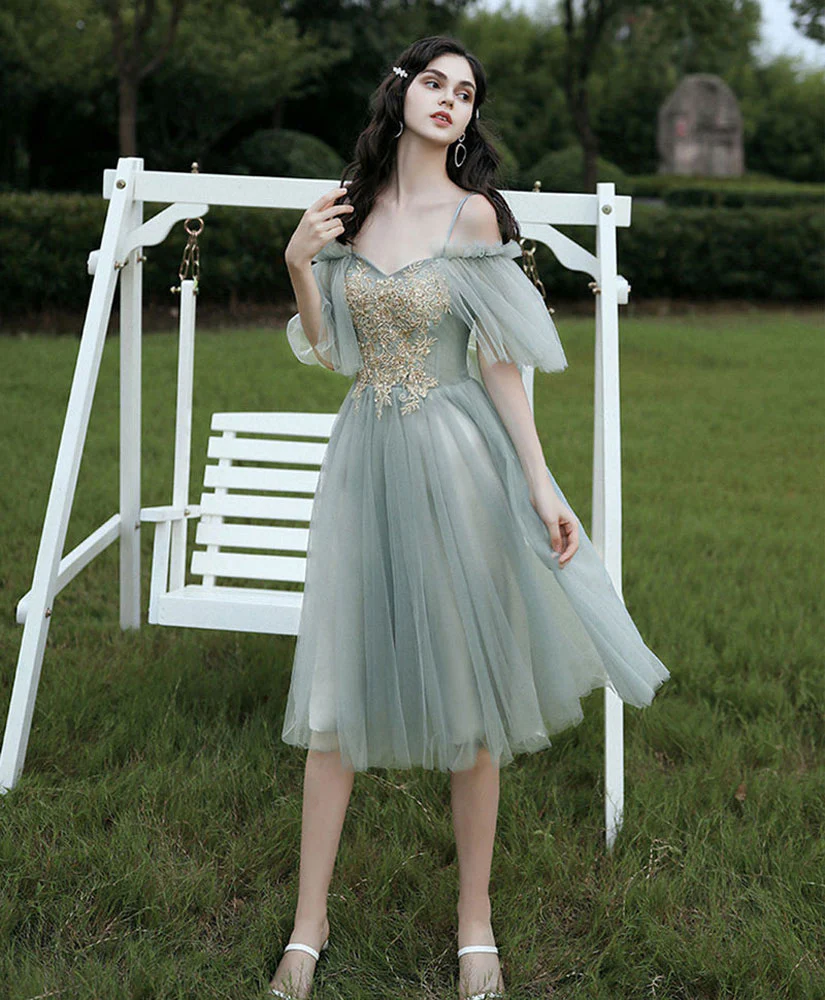 A-Line Green Short Prom Dress, Green Lace Tulle Homecoming Dress - Deanwangkt