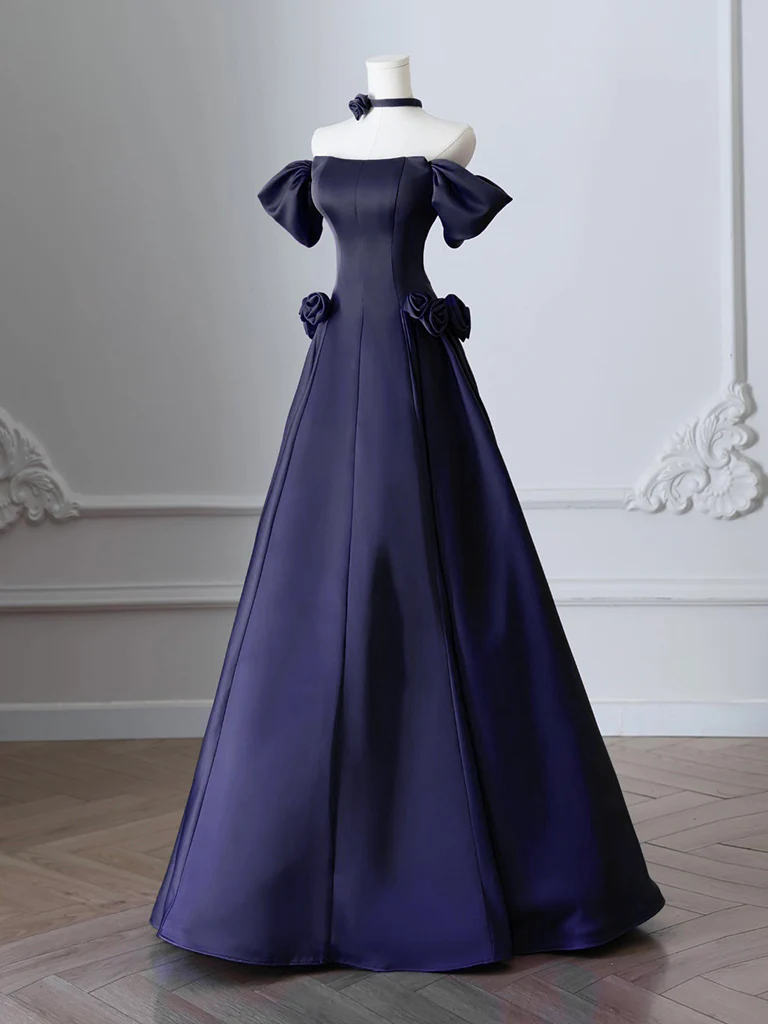 A-Line Off Shoulder Satin Dark Blue Long Prom Dress, Dark Blue Long Formal Dress - Deanwangkt