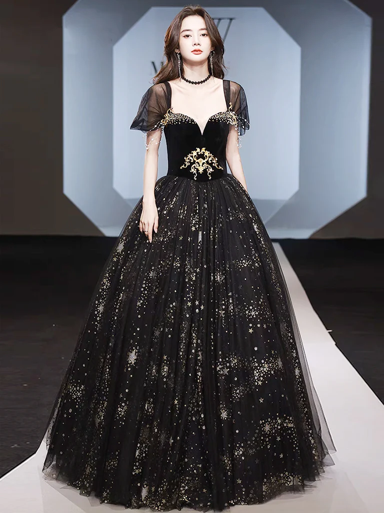 A-Line Off Shoulder Tulle Lace Black Long Prom Dress, Black Long Formal with Beads - Deanwangkt