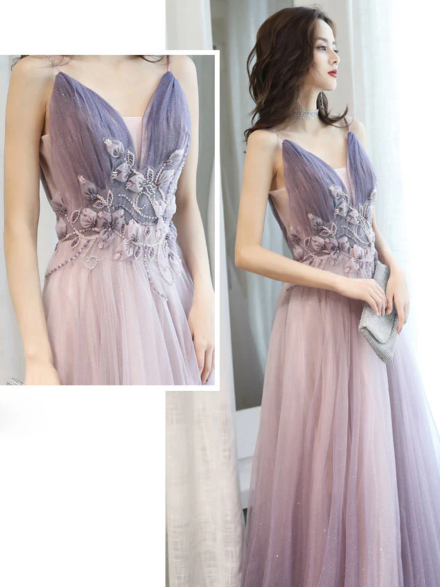 Purple V Neck Tulle Long Prom Dress, Purple Evening Dress - Deanwangkt