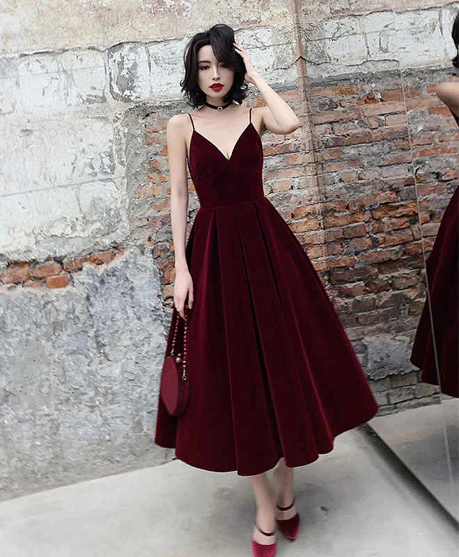 Simple Burgundy Tea Length Prom Dress, Burgundy Bridesmaid Dress - Deanwangkt