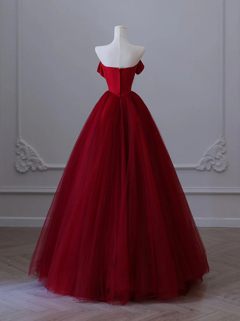 A-Line Tulle Burgundy Long Prom Dress, Burgundy Tulle Long Formal Dress - Deanwangkt