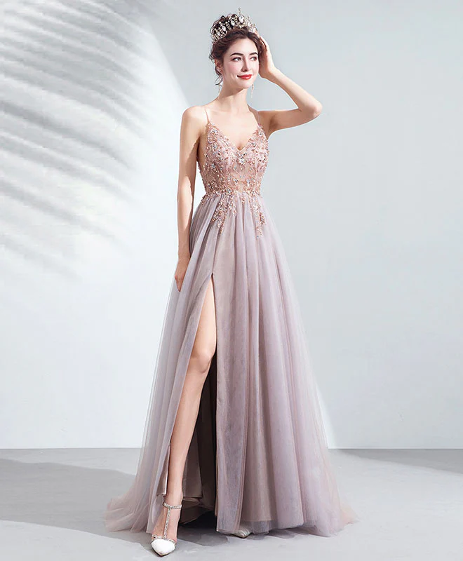 Unique V Neck Tulle Beads Long Prom Dress Tulle Formal Dress - Deanwangkt