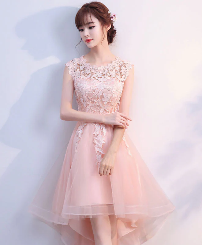 Pink Tulle Lace High Low Prom Dress, Pink Homecoming Dress - Deanwangkt