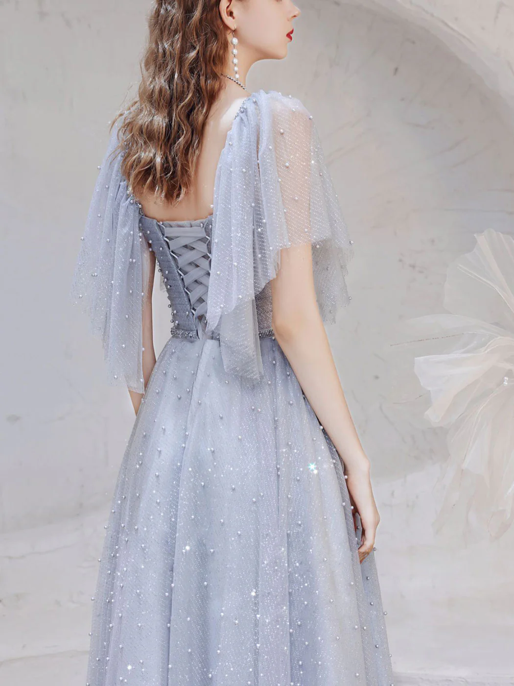 A-Line Square Neckline Tulle Gray Long Prom Dress, Gray Formal Dresses - Deanwangkt