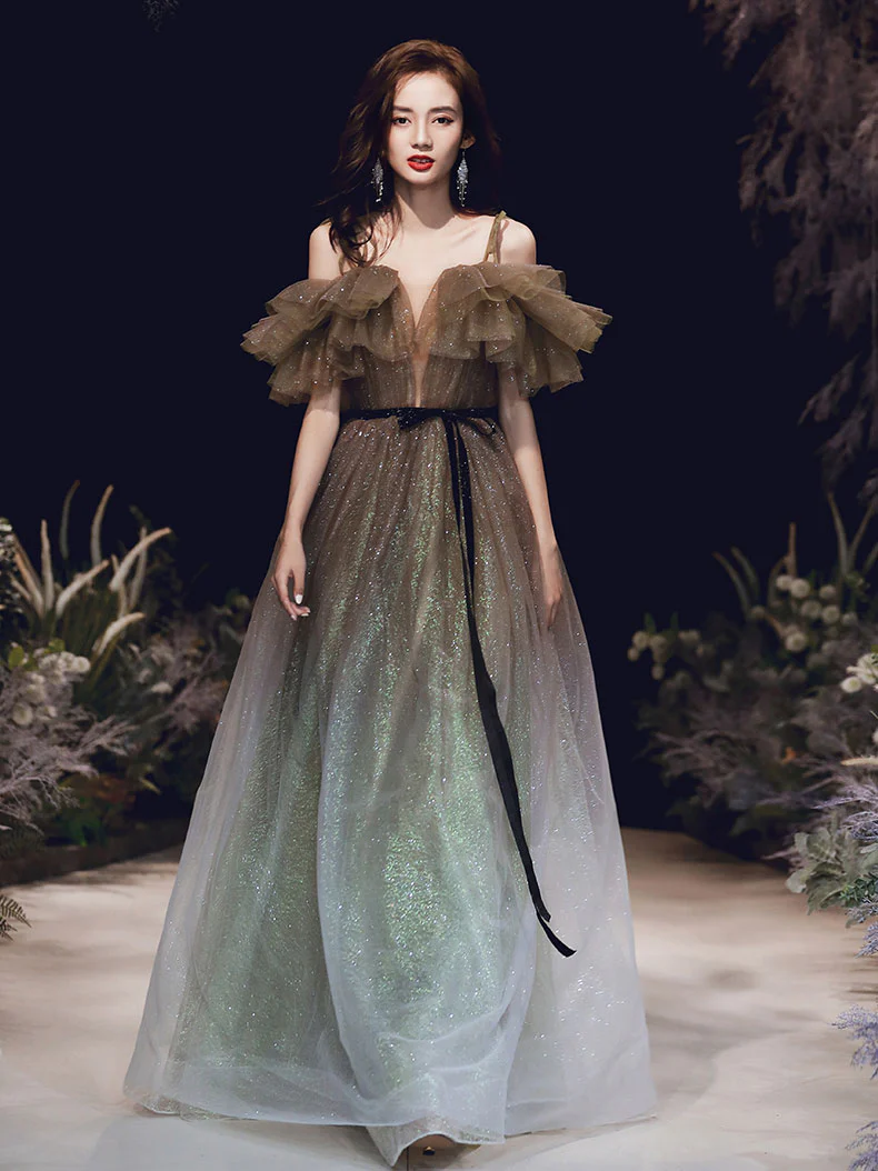 Unique Tulle Off Shoulder Long Prom Dress, Tulle Sequin Evening Dresses - Deanwangkt