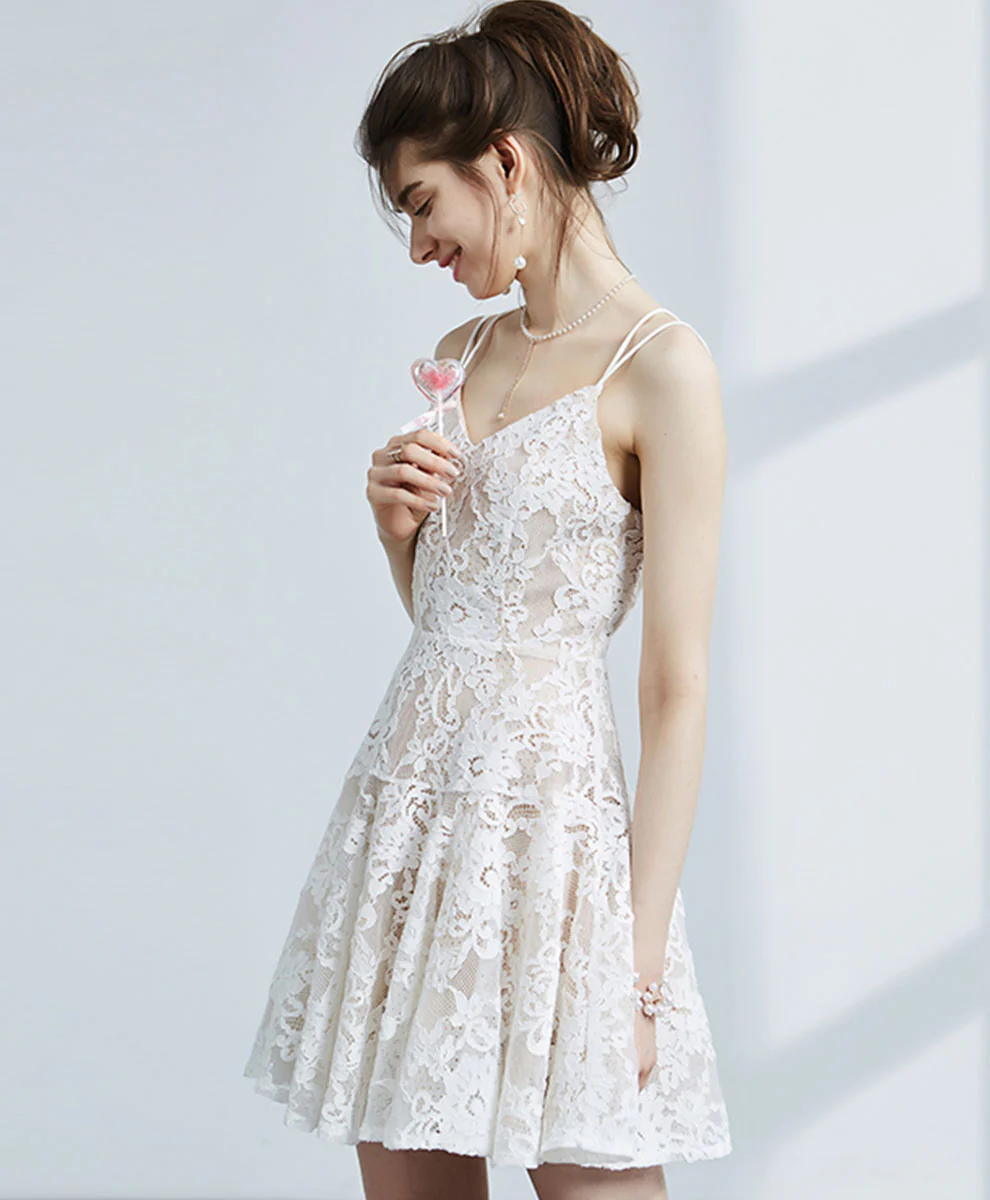 Cute White V Neck Lace Short Prom Dress White Homecoming Dress - Deanwangkt