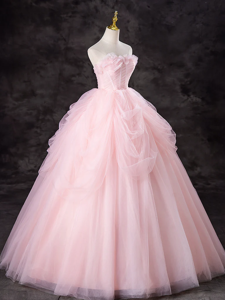 A-Line Tulle Pink Long Prom Dress, Pink Long Sweet 16 Dress - Deanwangkt