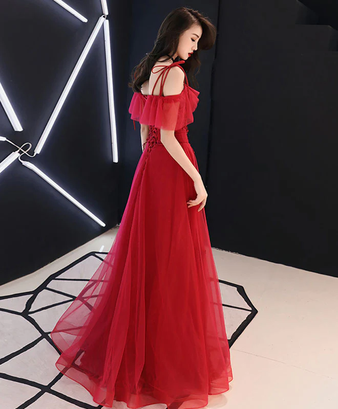 Red Tulle Lace Long Prom Dress Red Lace Formal Party Dress - Deanwangkt