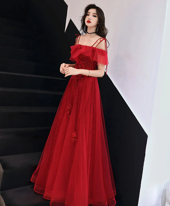 Red Tulle Lace Long Prom Dress Red Lace Formal Party Dress - Deanwangkt