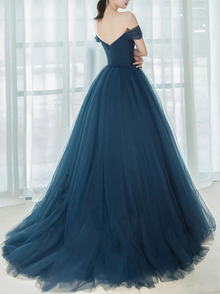 Simple Blue off Long Prom Dresses, V NeckTulle Bridesmaid Dresses - Deanwangkt