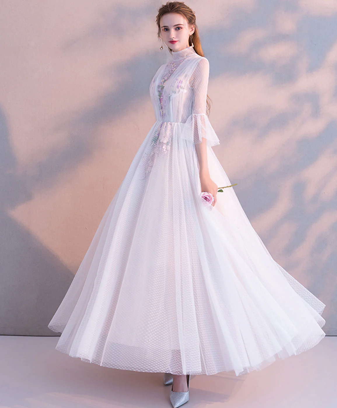 White High Neck Tulle Lace Tea Long Prom Dress Bridesmaid Dress - Deanwangkt