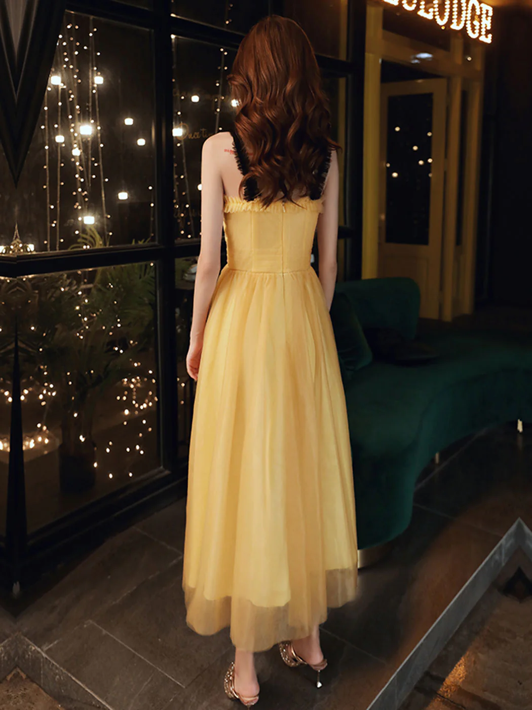 Simple Yellow Sweetheart Neck Tea Length Prom Dress, Yellow Formal Dress - Deanwangkt