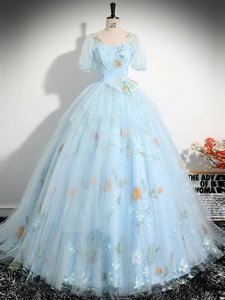 A-Line V Neck Tulle Lace Blue Long Prom Dress, Blue Lace Long Formal Dress - Deanwangkt