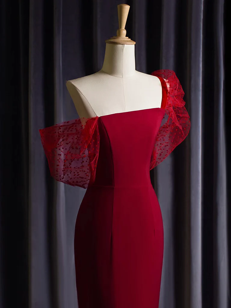 Mermaid One Shoulder Satin Tulle Burgundy Long Prom Dress, Burgundy Long Formal Dress - Deanwangkt