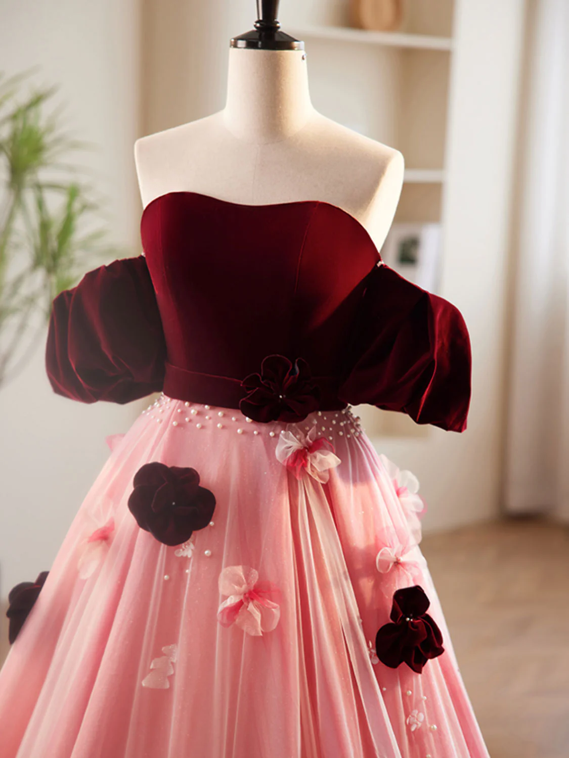 A-Line Burgundy/Pink Tulle Velvet Long Prom Dress, Burgundy Formal Dress - Deanwangkt