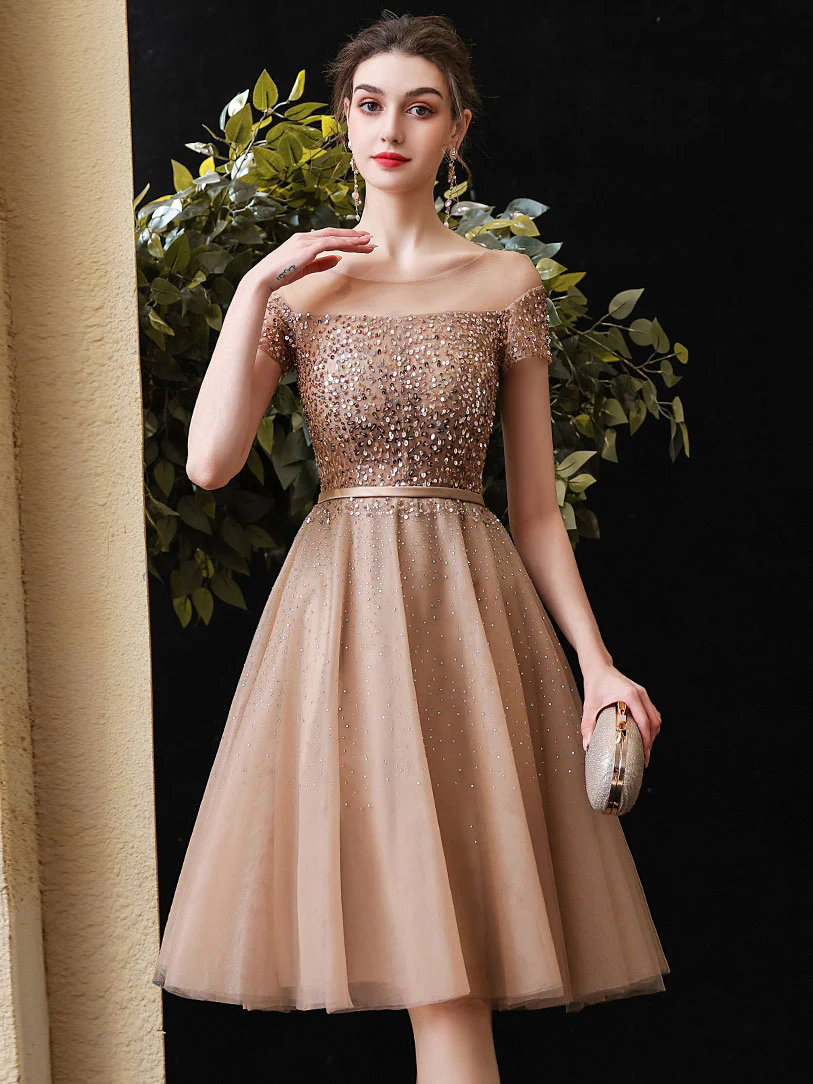 Champagne Round Neck Tulle Sequin Short Prom Dress Champagne Homecoming Dress - Deanwangkt