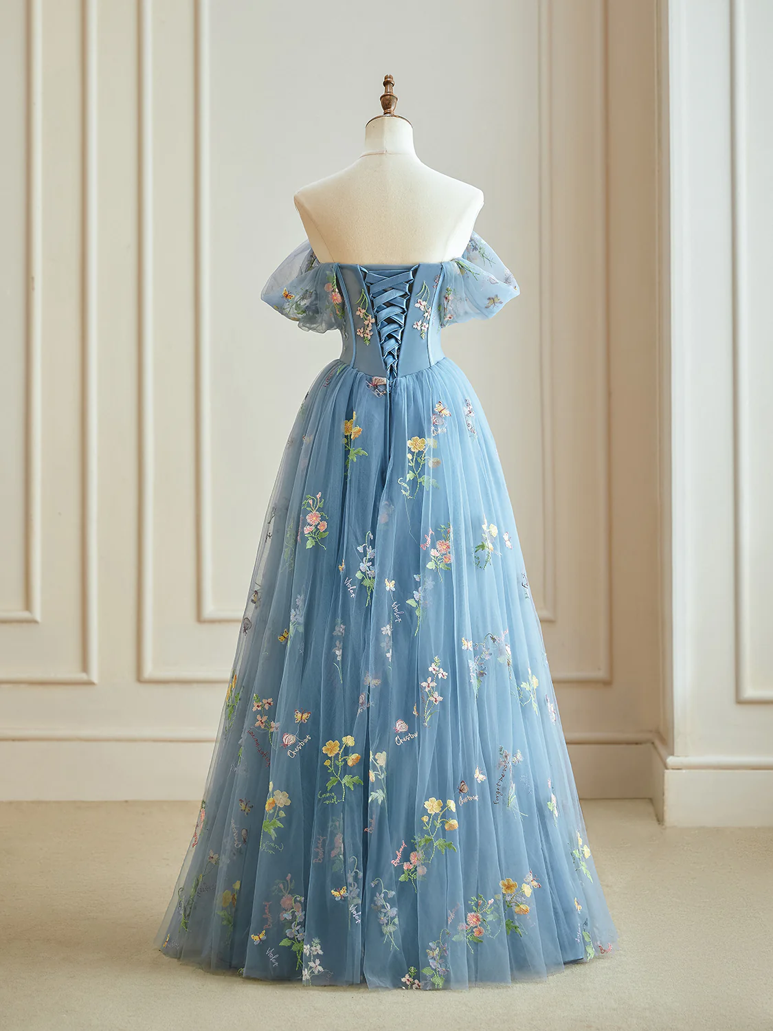 Blue A-Line Tulle Lace Long Prom Dress, Blue Lace Long Formal Dress - Deanwangkt