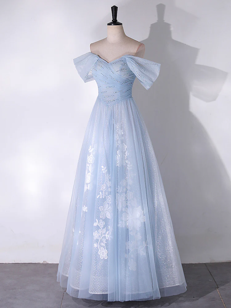 A-Line Off Shoulder Tulle Lace Blue Long Prom Dress, Blue Long Formal Dress - Deanwangkt