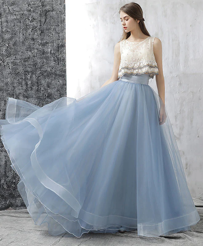 Gray Blue Two Pieces Tulle Long Prom Dress, Gray Blue Evening Dress - Deanwangkt