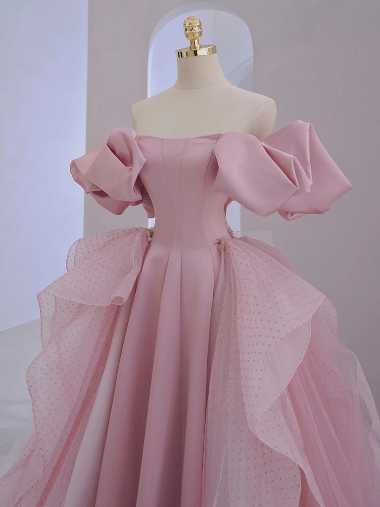 A-Line Satin Tulle Pink Long Prom Dress. Pink Long Evening Dress - Deanwangkt