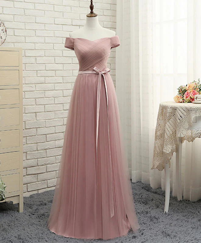 Pink A LineTulle Off Shoulder Long Prom Dress, Evening Dress - Deanwangkt