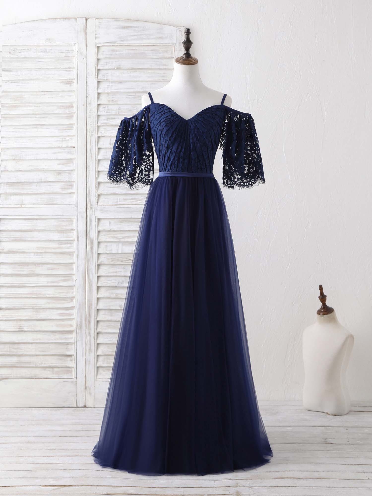 Dark Blue A-Line Lace Tulle Long Prom Dress Blue Evening Dress - Deanwangkt
