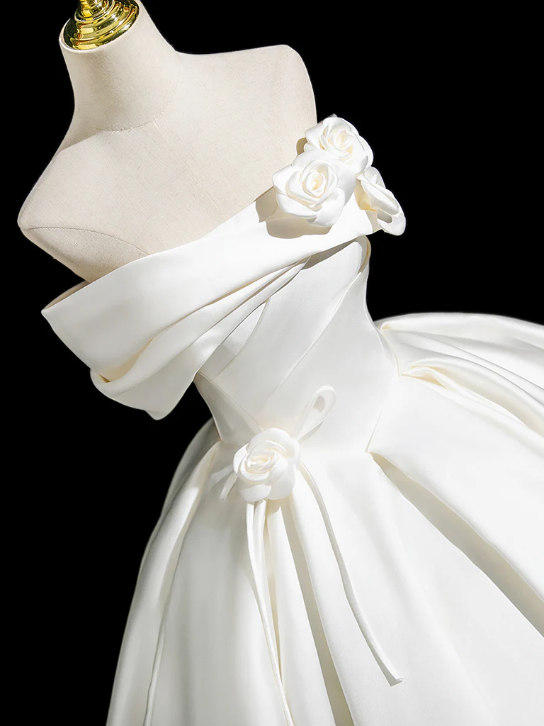A-Line Off Shoulder Satin White Long Prom Dress, White Long Formal Dress - Deanwangkt