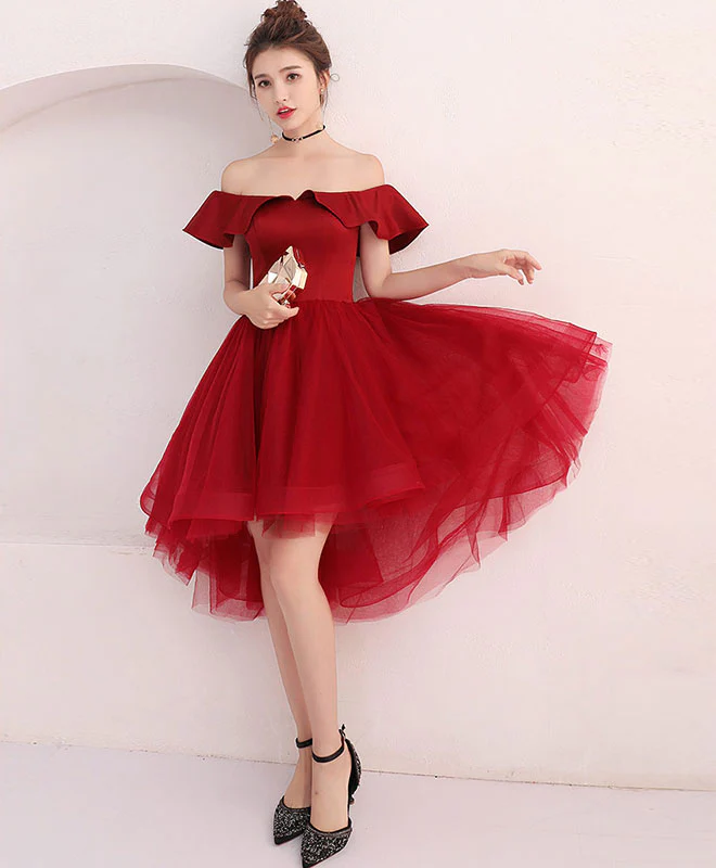Cute Burgundy Tulle Off Shoulder Short Prom Dress, Burgundy Homecoming Dress - Deanwangkt