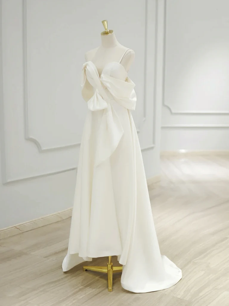 Simple off Shoulder Satin White Long Prom Dress, White Long Evening Dress - Deanwangkt