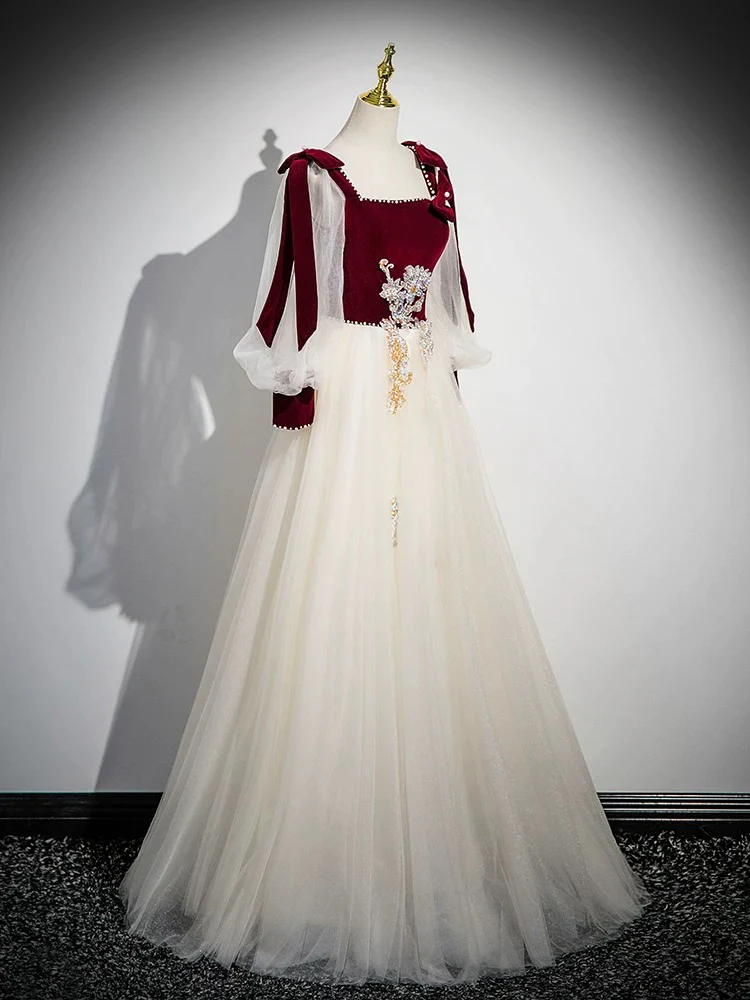 A-Line Long Sleeve Tulle Lace Champagne Long Prom Dress - Deanwangkt