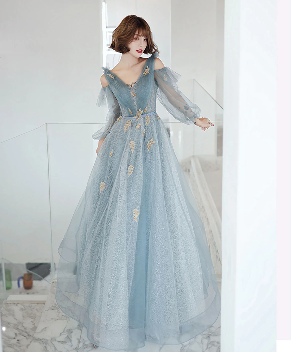 Blue V Neck Tulle Lace Long Prom Dress Blue Lace Formal Dress - Deanwangkt