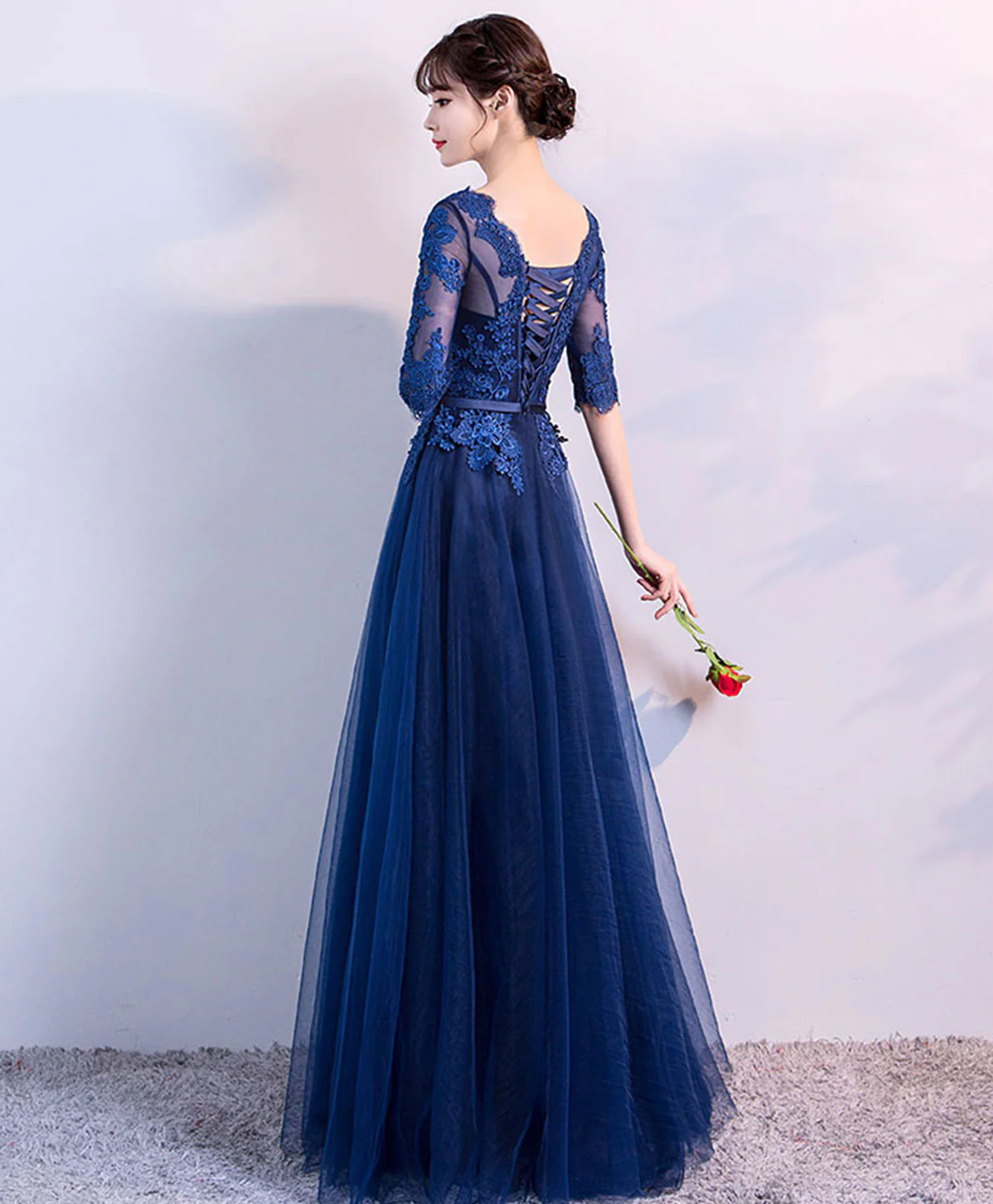 Blue Tulle Lace Long Prom Dress, Lace Evening Dress - Deanwangkt