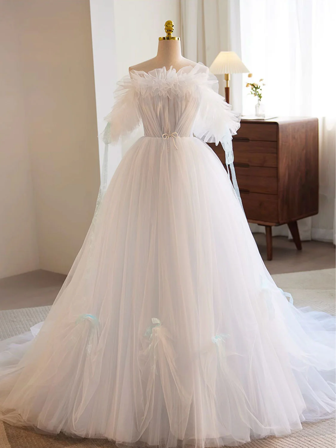 White A-Line Tulle Long Prom Dress, White Formal Dress - Deanwangkt