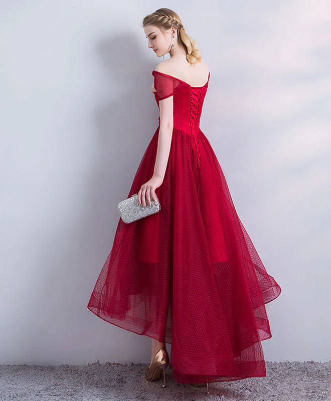 A Line V Neck High Low Burgundy Prom Dress, Burgundy Homecoming Dress - Deanwangkt
