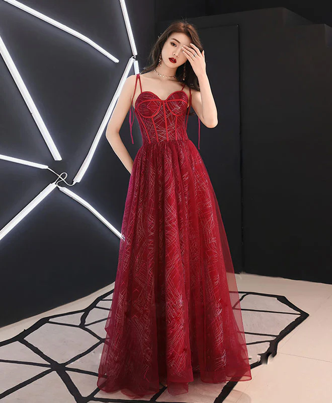 Unique Sweetheart Tulle Long Prom Dress, Burgundy Tulle Evening Dress - Deanwangkt