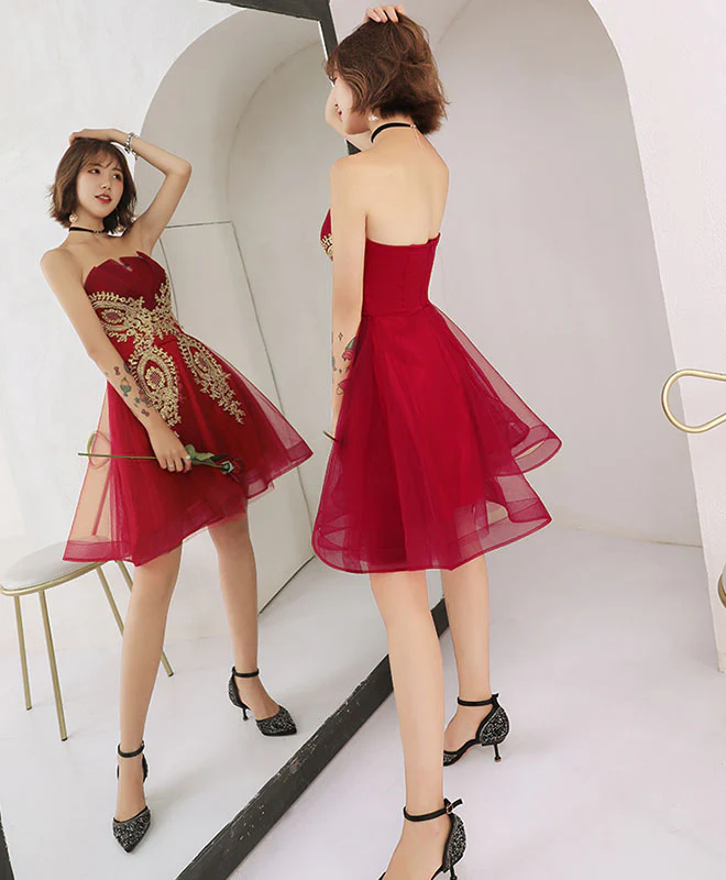 Burgundy Tulle Lace Short Prom Dress, Burgundy Homecoming Dress - Deanwangkt