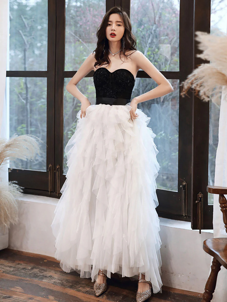 White Tulle Sweetheart Long Prom Dress, White Formal Graduation Dresses - Deanwangkt